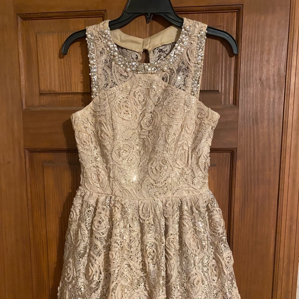 Beige lace and sequin with pearls dress